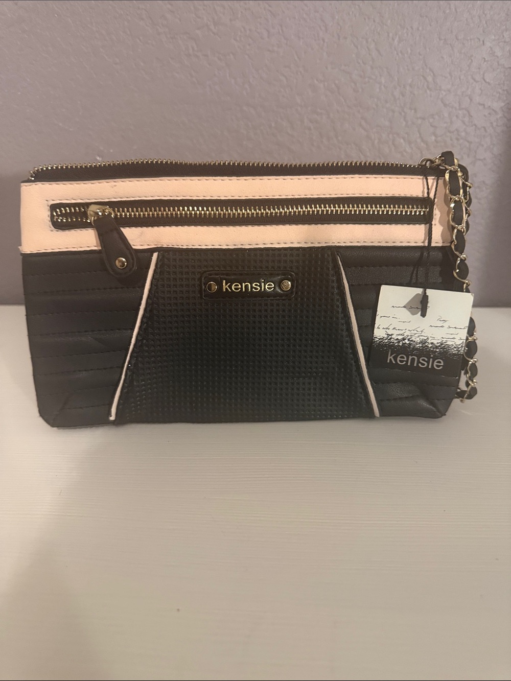 kensie Black and Light Pink Quilted Wristlet Clutch